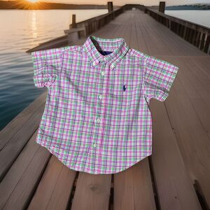 Ralph Lauren Button Down Shirt Size 18 Months Green Pink Short Sleeve EASTER
